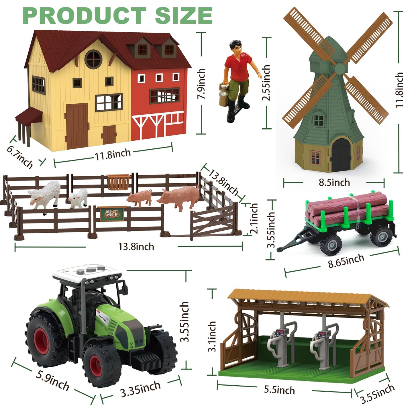 136PCS Farm Animals Toys Set Comes with Barn, Tractor Trailer, Milking shed, Windmill, Farmer, Fence - Playset for Kids Toddlers Boys Girls 5+ Years Old