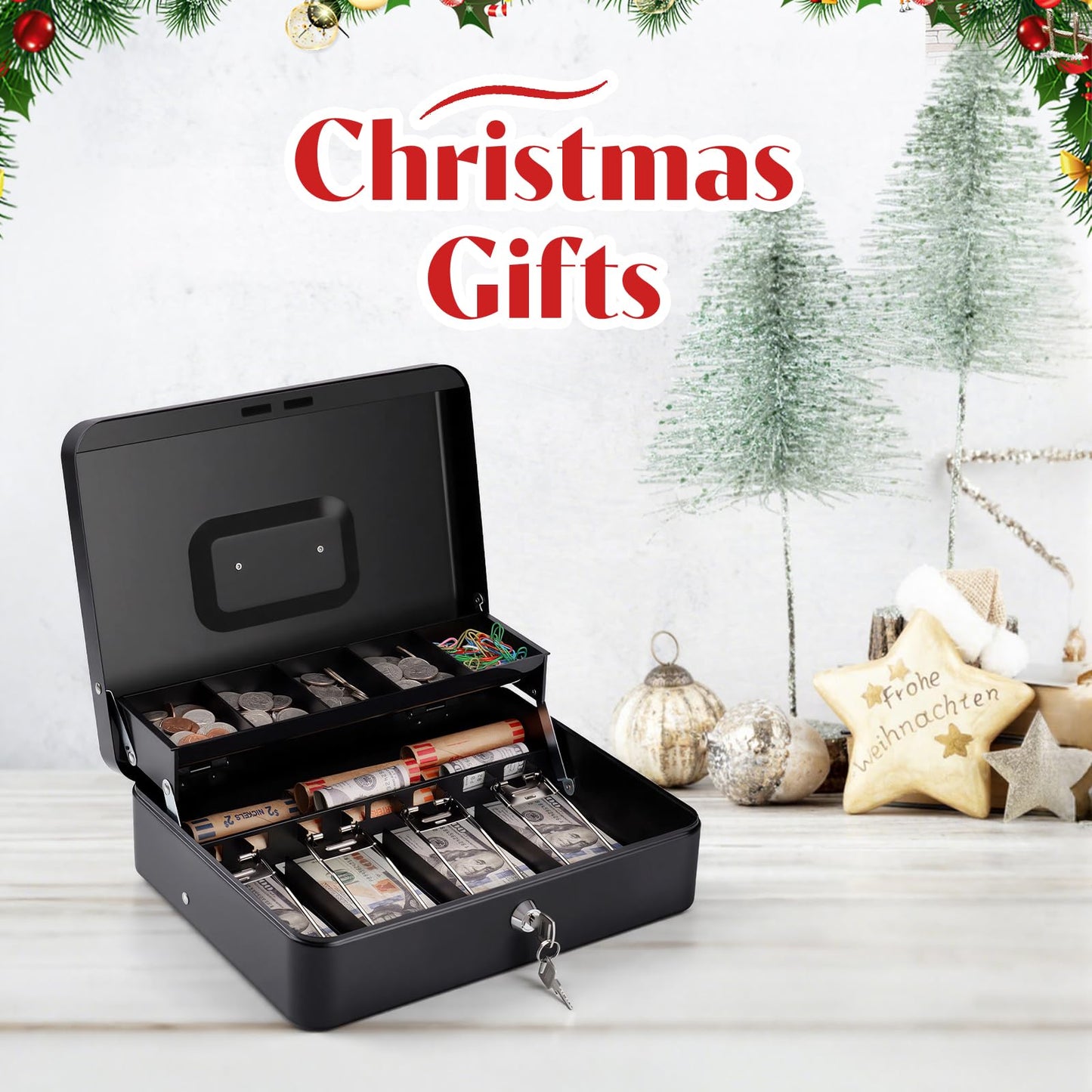 Sumerfnt Cash Box with Money Tray and Lock Money Box for Cash, Metal Locking Cash Box - 11.8" x 9.4" x 3.54" Black