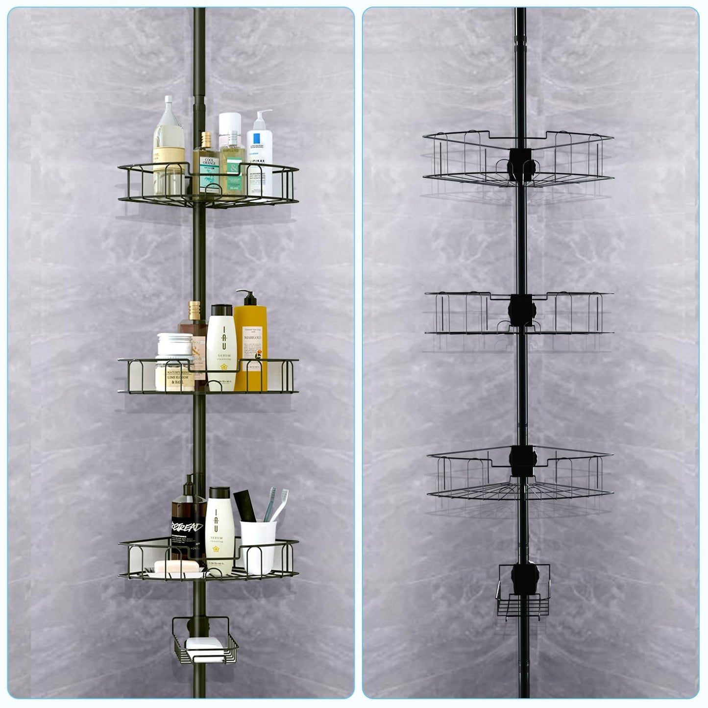 Corner Shower Caddy, Adjustable 4 Layer Shower Organizer, Tension Pole Extend from 39 to 125 Inch Shower Shelf for Inside Shower Black