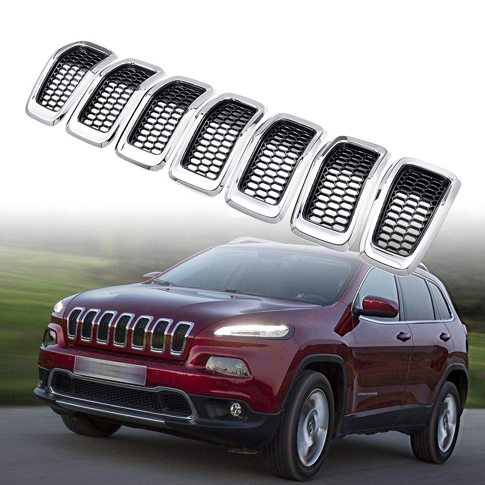 Compatible with 2014-2018 Jeep Cherokee 4-Door Grille Grill Cover Trim Insert Kit 7pcs (Black Mesh Grille + Chrome Moulding Trim)