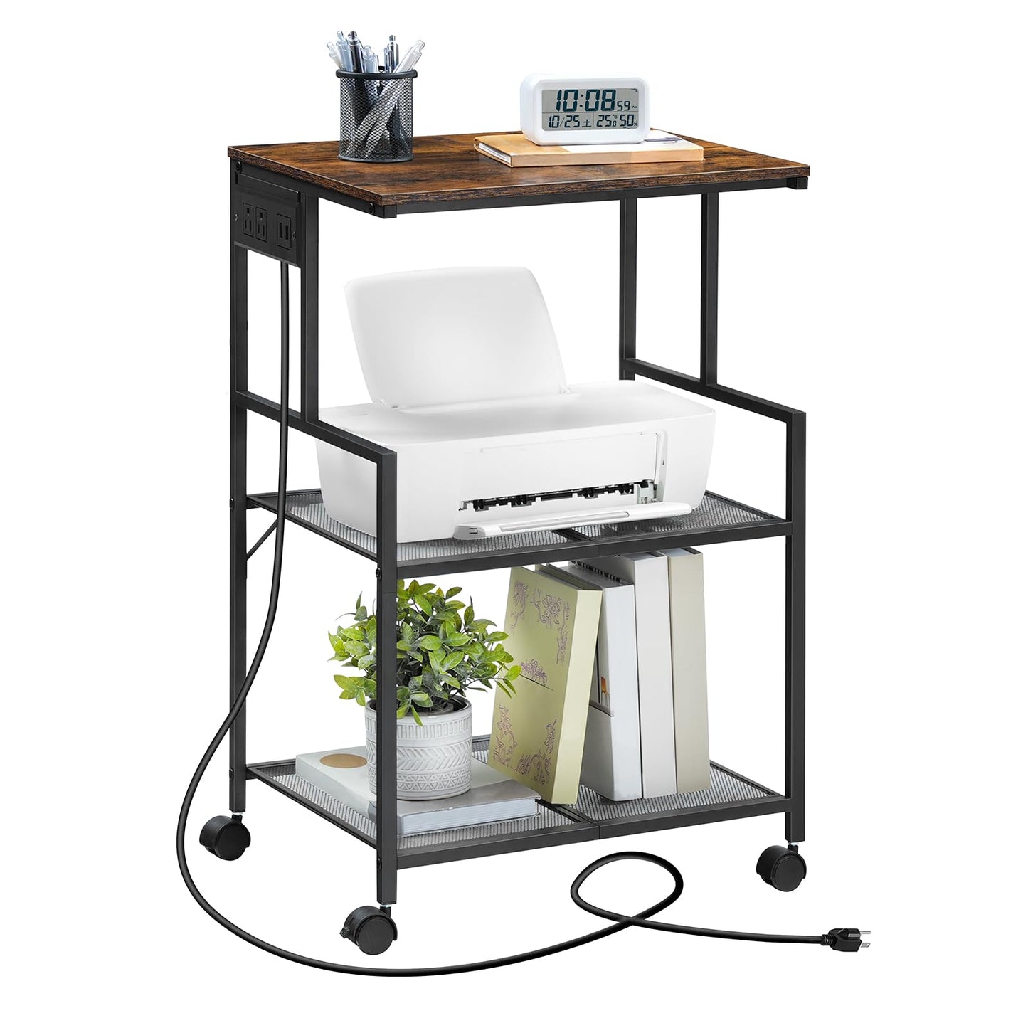 MAHANCRIS Mobile Printer Stand, 3-Tier Industrial Rolling Printer Storage Cart with Power Outlets and 2 USB Ports, Printer Table with Wheels for Home Office, Living Room, Rustic Brown PTHR78E01