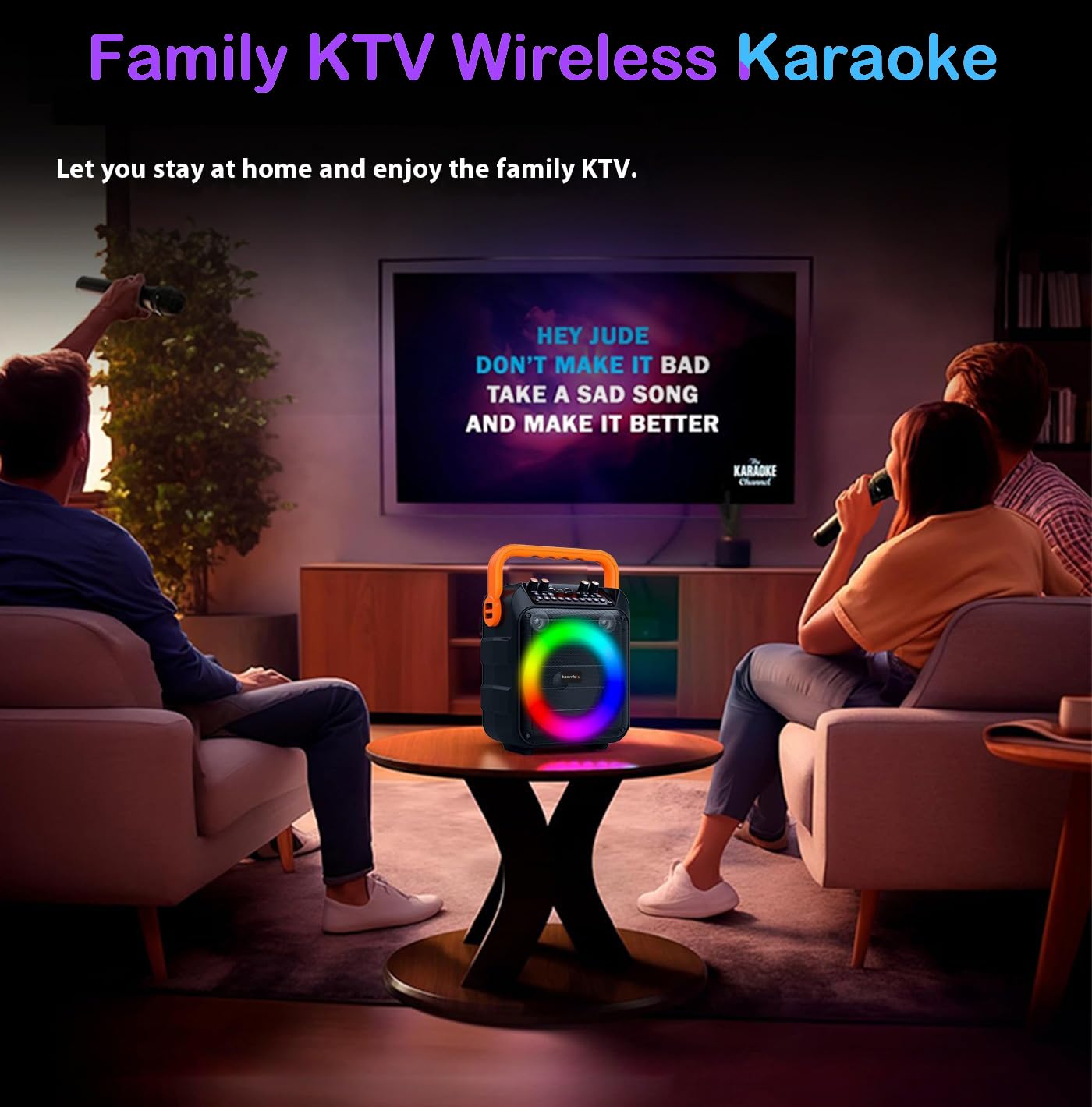 Karaoke Machine with 2 Wireless Microphones, Portable PA Speaker with Dynamic LED Lights, Support TWS REC/FM/AUX/USB/TF Playback for Home Parties Outdoor Events | for Adults and Kids (Orange)