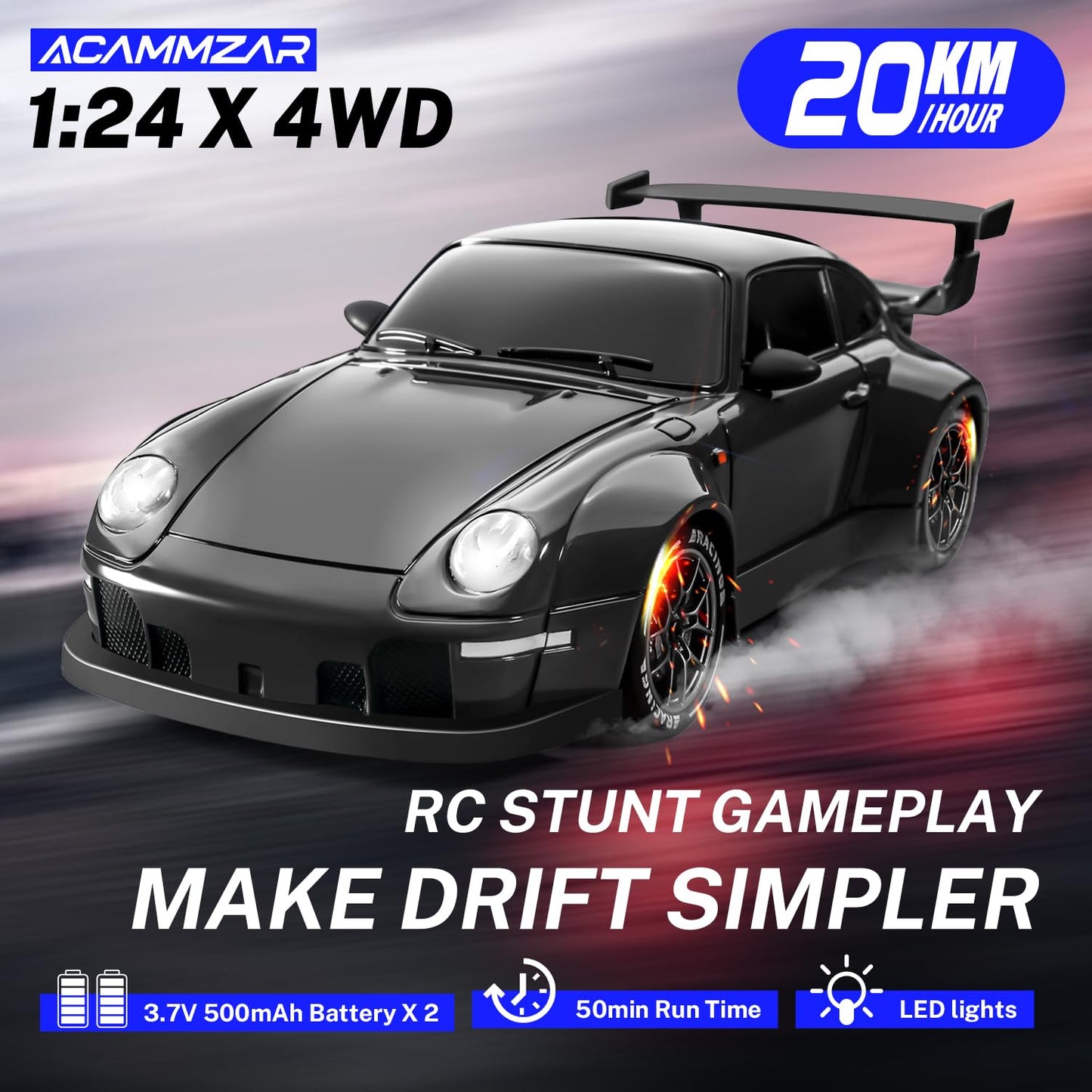ACAMMZAR RC Drift Car, 1:24 Remote Control Car for Kids, 20KM/H 4WD High Speed RC Cars with Lights, Extra Racing Tires, Vehicle for Adults Boys Girls, Black