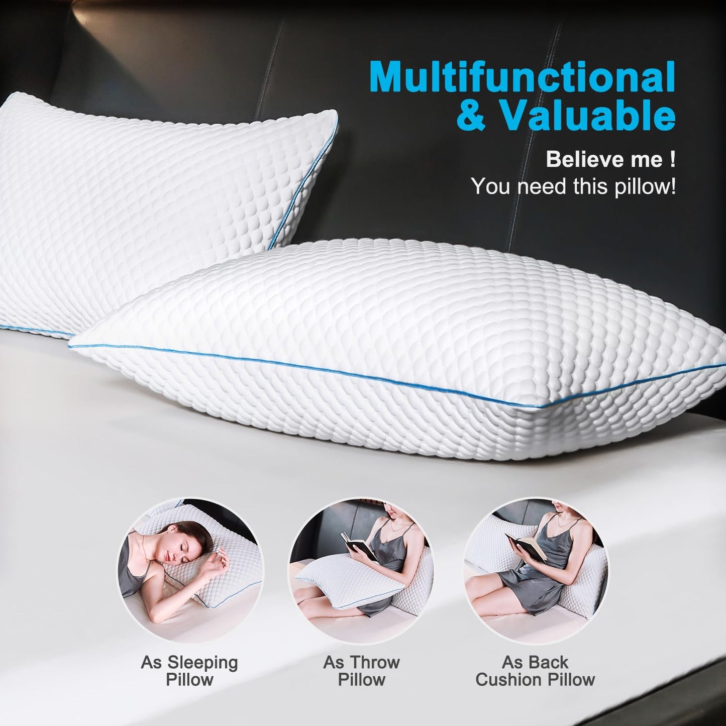 VVZ Cooling Shredded Memory Foam Pillows King Size 2 Pack, Adjustable Firm Bed Pillows for Side Back Stomach Sleepers, Luxury Gel Pillow for Hot Sleepers with Breathable Washable Cover