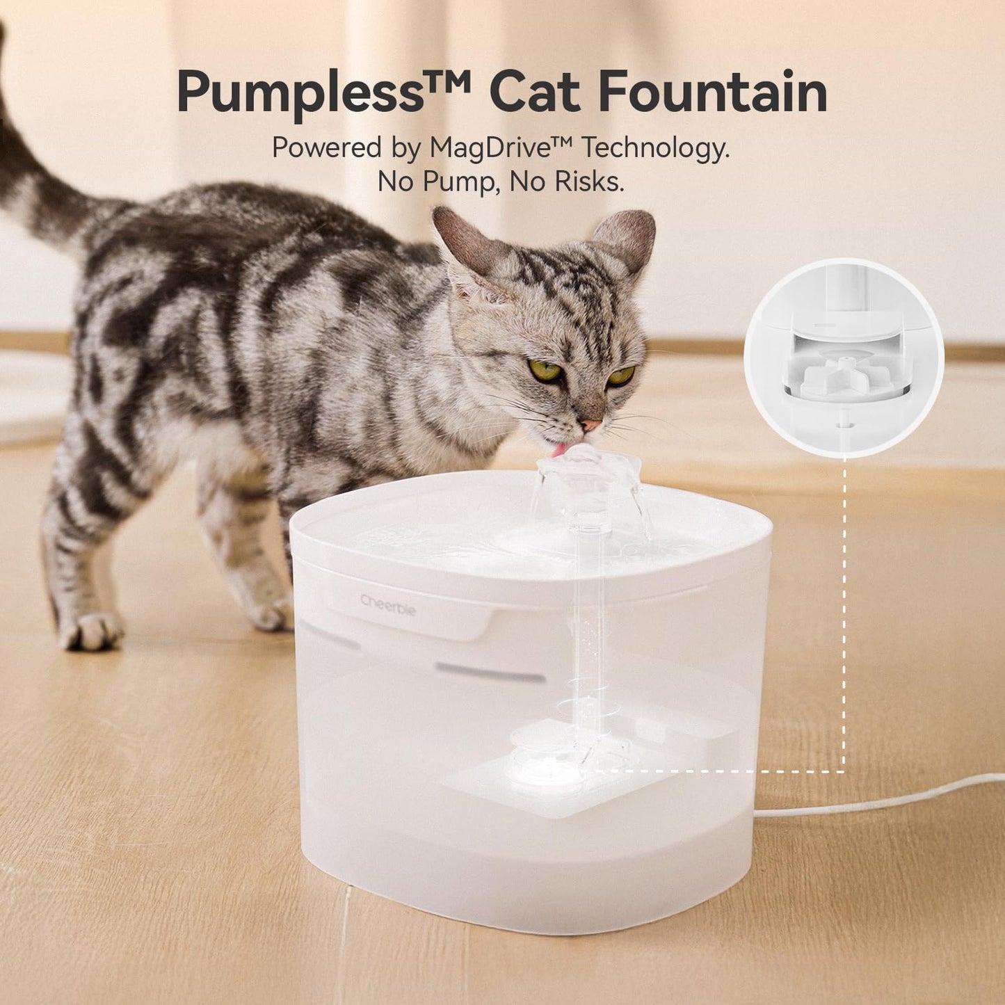 Cheerble Pumpless Cat Water Fountain, 2L/67oz Automatic Pet Fountain, Elfin E1 Lite Cat Fountain for Drinking, MagDrive™ Technology, Continuous Flow Mode, BPA-Free Water Dispenser for Cats Dogs