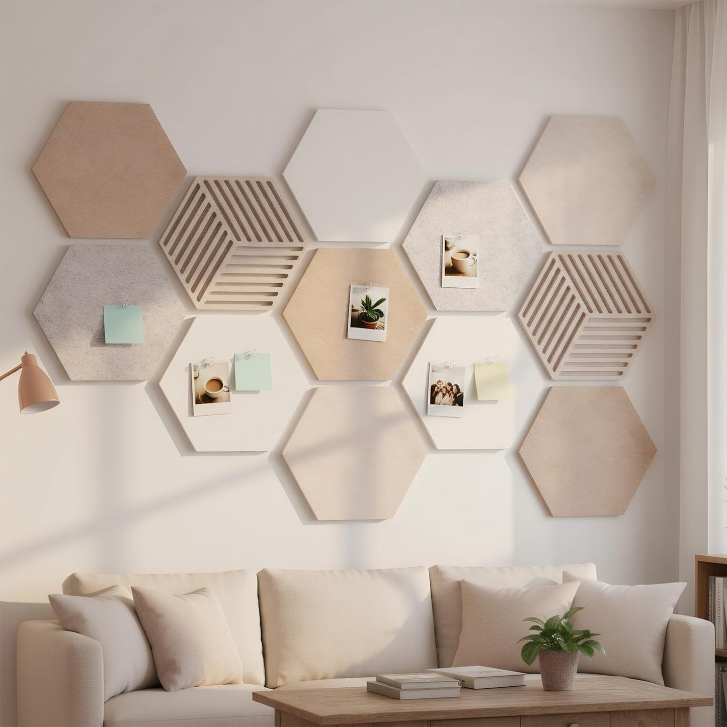 Acidea 12Pcs Hexagon Cork Boards for Walls, Self Adhesive DIY Bulletin Board Felt Cork Board Tiles with 50 Push Pins, Pin Boards for Office School Home Wall Decor Stickers Memos Photos Display