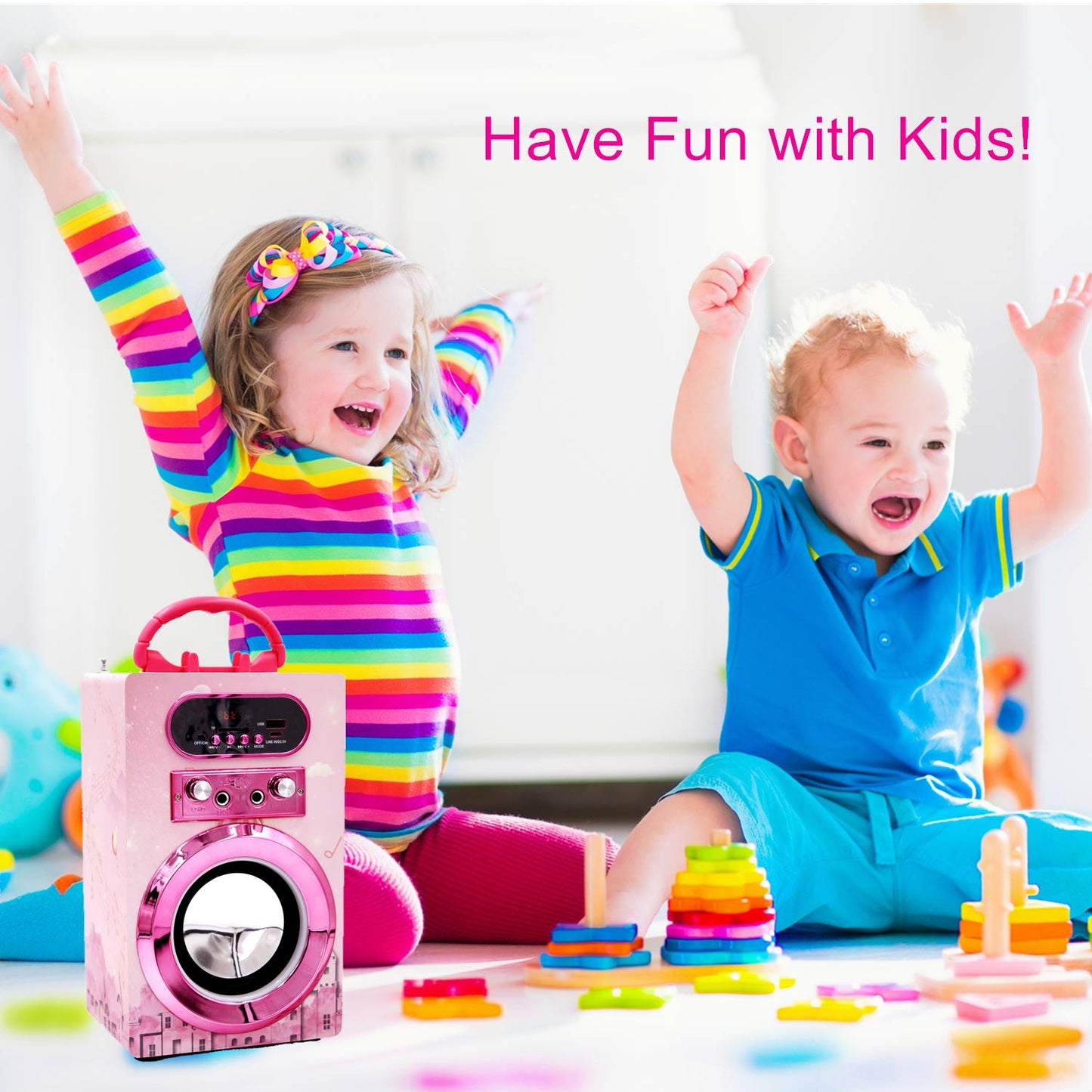 IndeCool Kids Bluetooth Karaoke Speaker with 2 Microphones, Remote Control Speaker Portable Karaoke Machine for Kids Adult Party Gift (Pink)