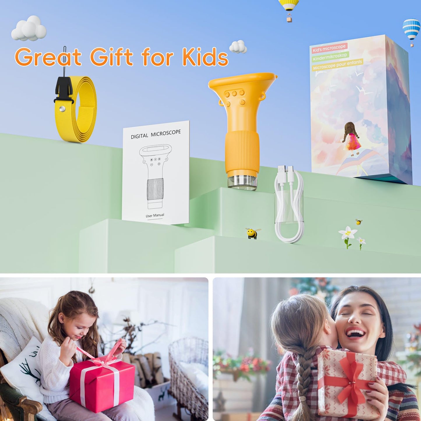 Microscope for Kids, SKYBASIC 2" IPS Screen 1000X Handheld Digital Microscopes HD Pocket Portable Mini USB Microscope Camera, PC Compatible, Science Edu Fun Birthday Gift for Children Students- Orange