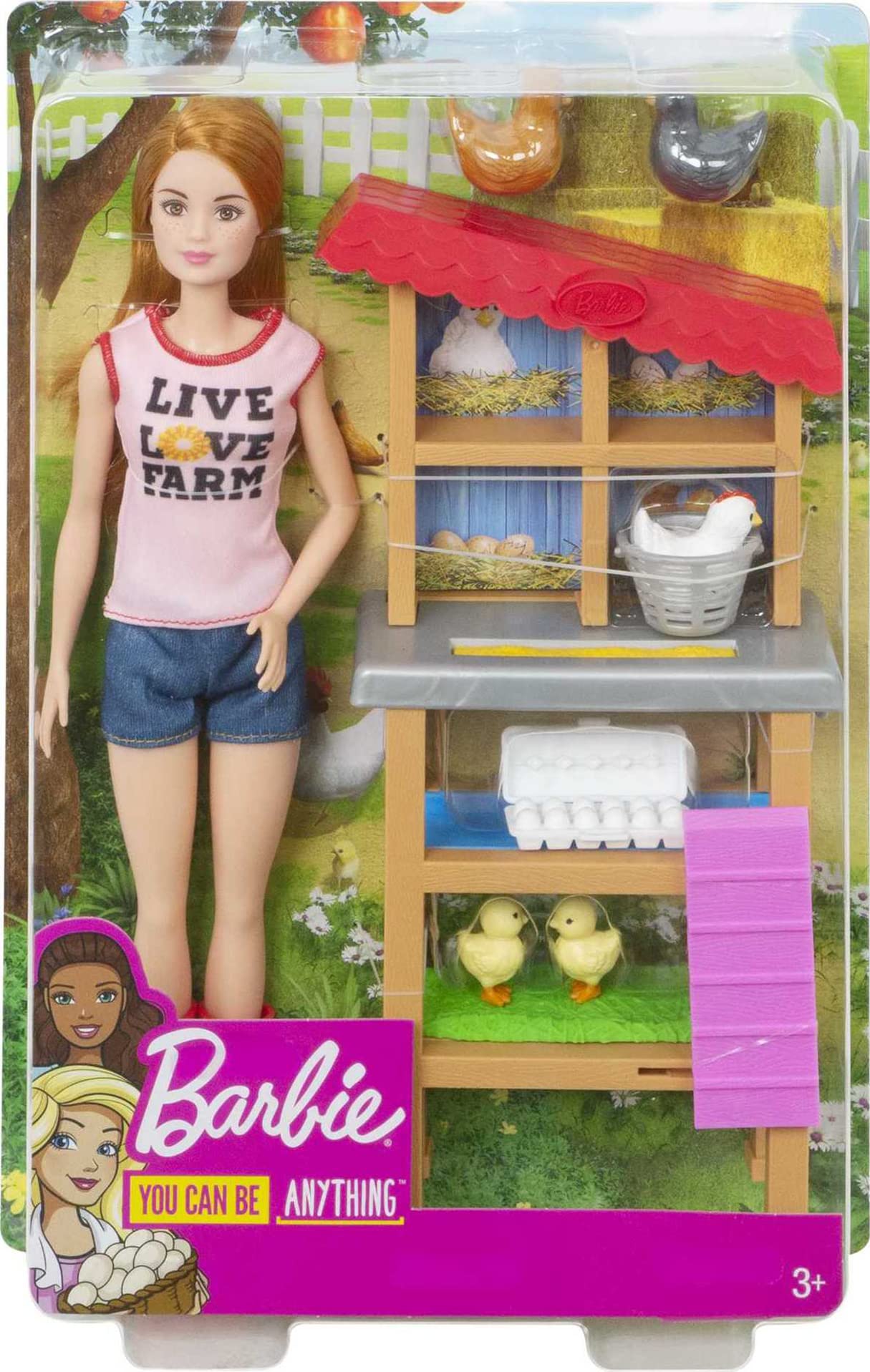 Barbie Chicken Farmer Doll, Red-Haired, and Playset with Henhouse, 3 Chickens, 2 Chicks and More, Career-Themed Toy for 3 to 7 Year Olds