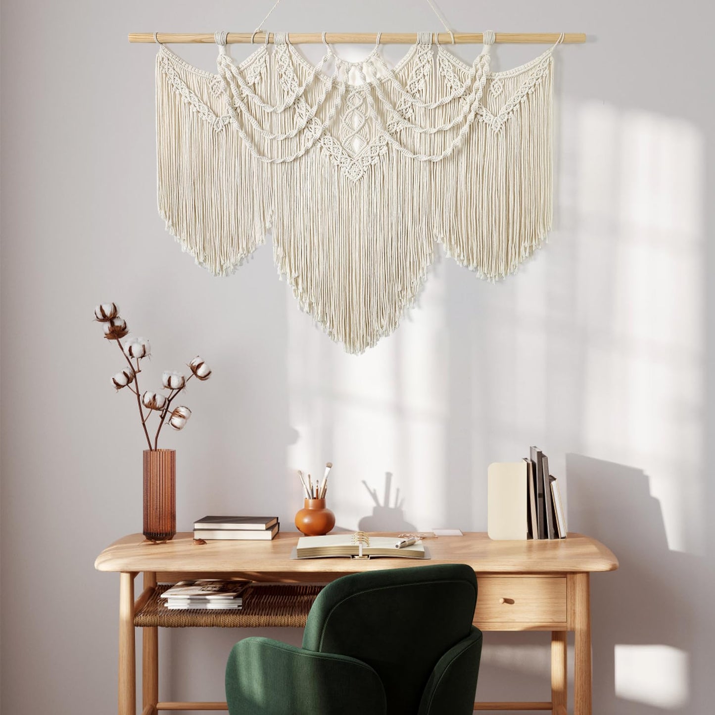 Betylifoy Macrame Wall Hanging Large Boho Chic Woven Tapestry Beige Tassel Tapestry Cotton Rope Woven Wall Art Decor for Bedroom Living Room Apartment Dorm Backdrop (Beige-fringe)