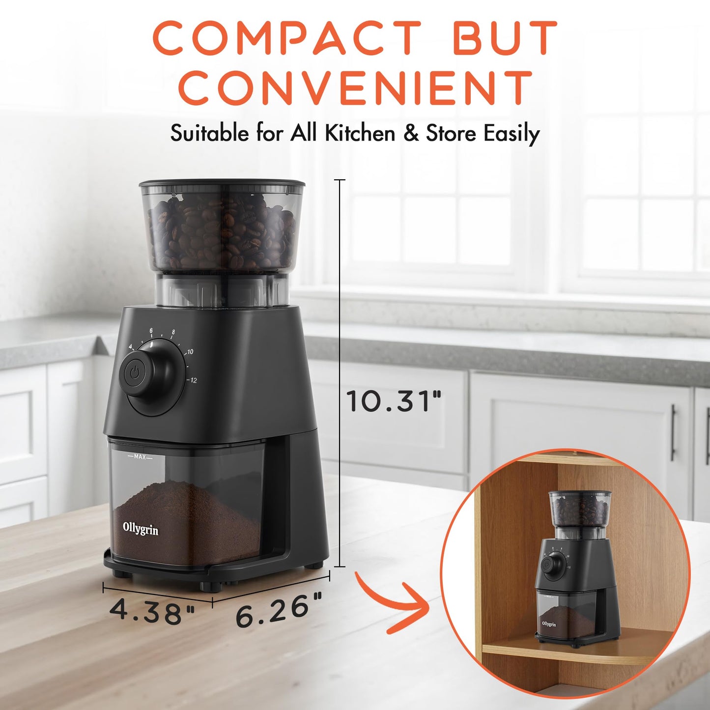 Ollygrin Coffee Grinder Electric, Conical Burr Coffee Bean Grinder with 30 Grind Settings