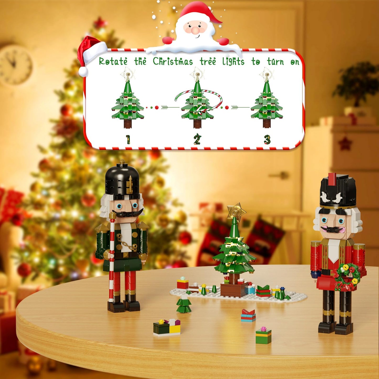 Christmas Nutcracker Building Kit with LED Light,Xmas Decorative Nutcracker Building Sets,Contains Christmas Tree,Wreath,Cane,Compatible with Lego,Festival Gift (690 Pcs)