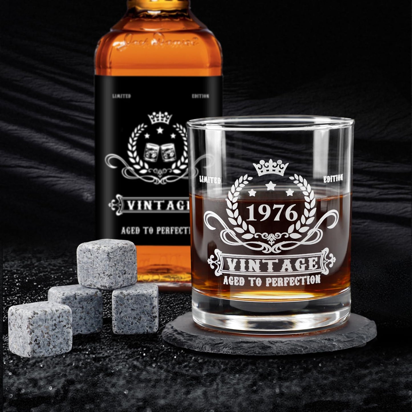 50th Birthday Gifts for Men,Vintage 1976 Whiskey Glass Set,Wood Box & 1976 Poster Anniversary Card &Whiskey Coaster & Stones,Bday Gifts Ideas for Him, Dad, Husband