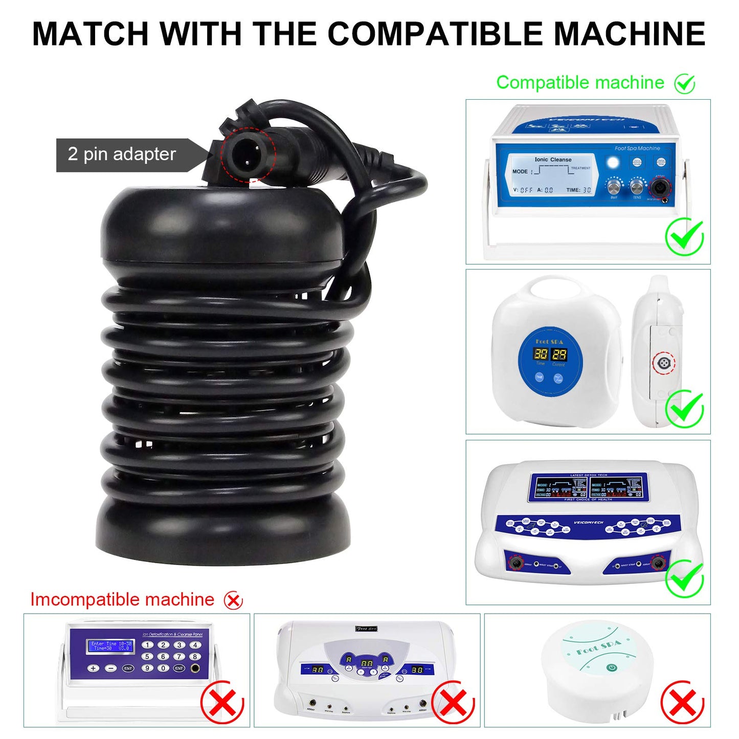 4-Pack Replacement Arrays Custom for Specified Ionic Detox Foot Spa Machines System, Ion Foot Bath Round Stainless Steel Coils(2 Pin Adapter)