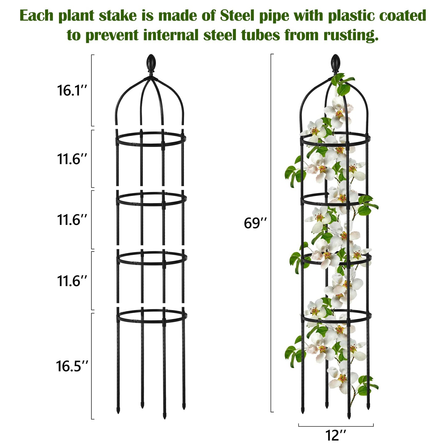 2 Pcs Garden Obelisk Trellis for Climbing Plants Outdoor 6 Ft Rose Bush Round Trellis for Pots Rustproof Metal Plant Flower Trellises for Clematis Vine Jasmine Support Outdoor Indoor