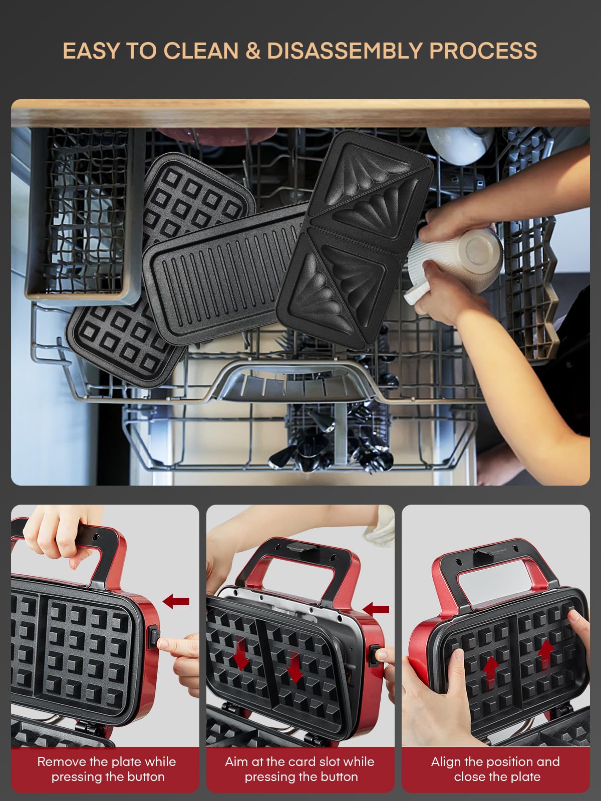 FOHERE 3-in-1 Waffle Maker, Sandwich Maker, Panini Press with Removable Plates, 5-Gear Temperature, LED Indicator Lights, Portable Handle, 1200W Belgian Electric Grill Cheese Machine (Red)