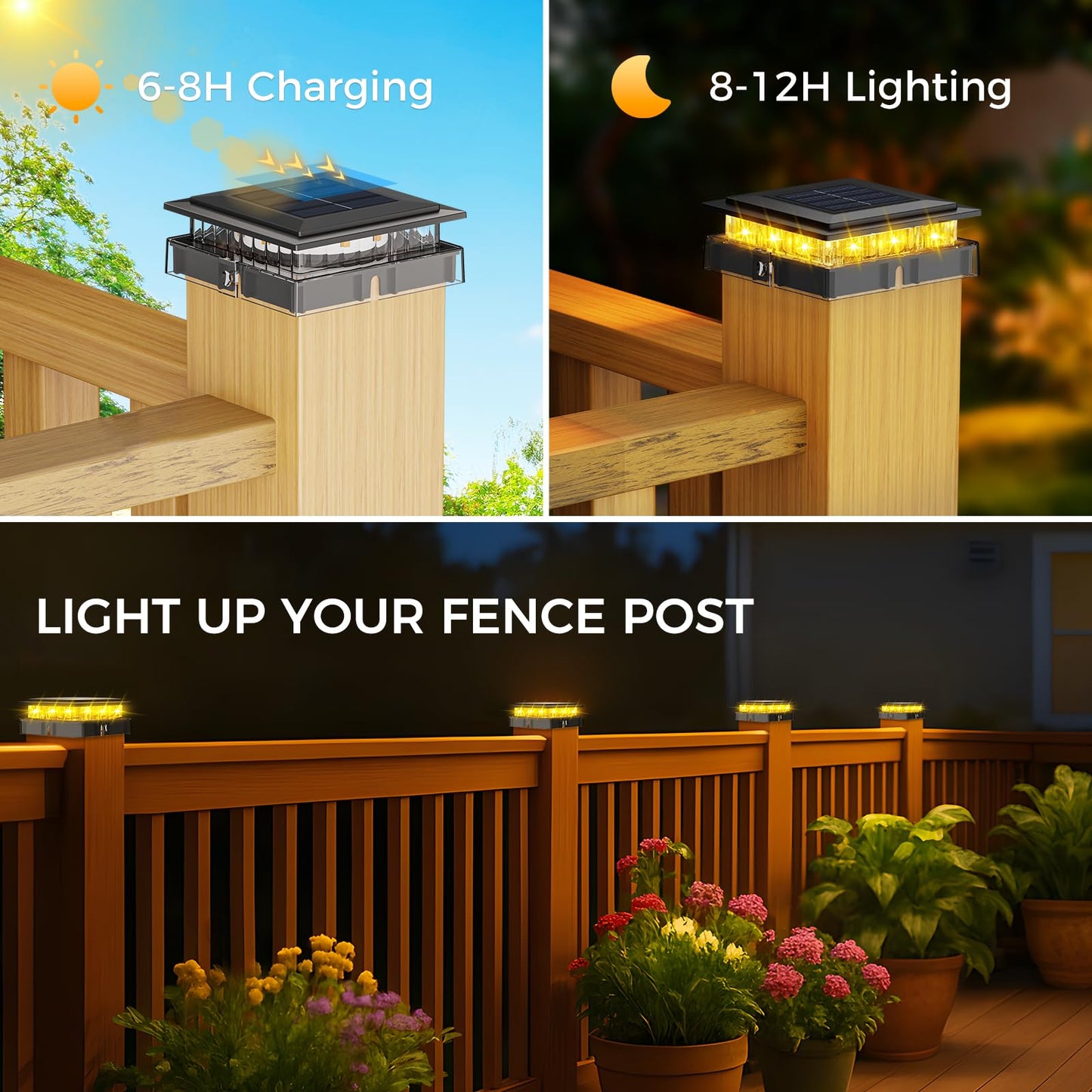 kolpop 4x4 Solar Post Cap Lights,Warm White Bright Outdoor Fence Post Solar Lights,IP65 Waterproof Desk Post Solar Light for Patio Garden Porch Fence Deck Wooden/Vinyl Posts,Black 12 Pack