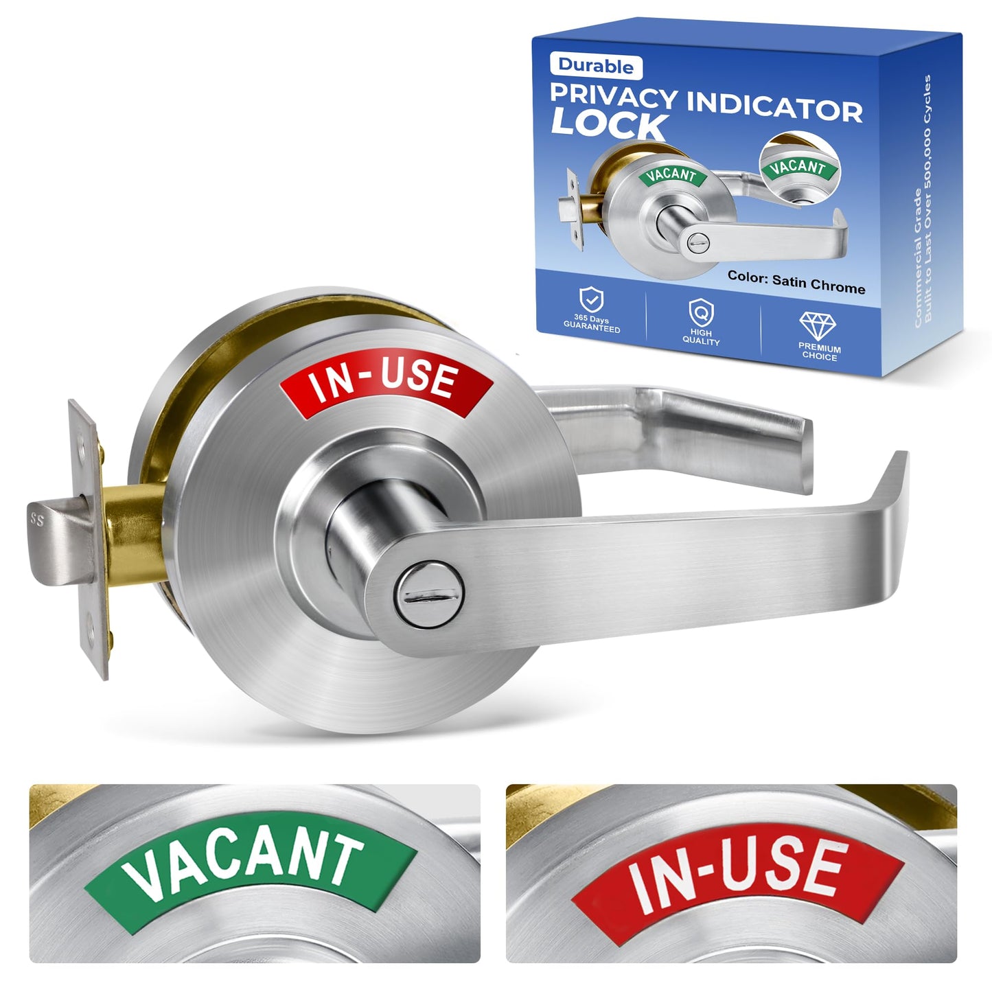 Lever Lock Inuse or Vacant, Occupied Bathroom Handle, Large Lever Lock, Commercial Grade, Perfect for Restaurants, Office Buildings, Warehouse (Satin Chrome)