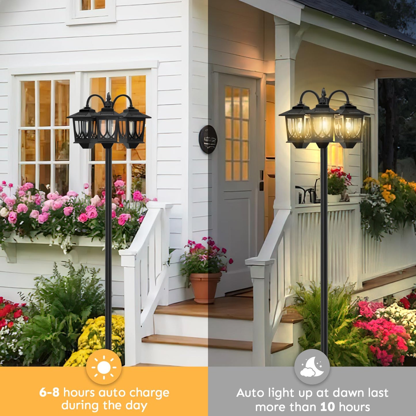 73" Aluminum Solar Lamp Post Light, 3-Head Solar Light Posts for Outside Waterproof, 90Lm Outdoor Lamps for Patio, Backyard, Front Porch Decor, Warm White, Replaceable Bulb