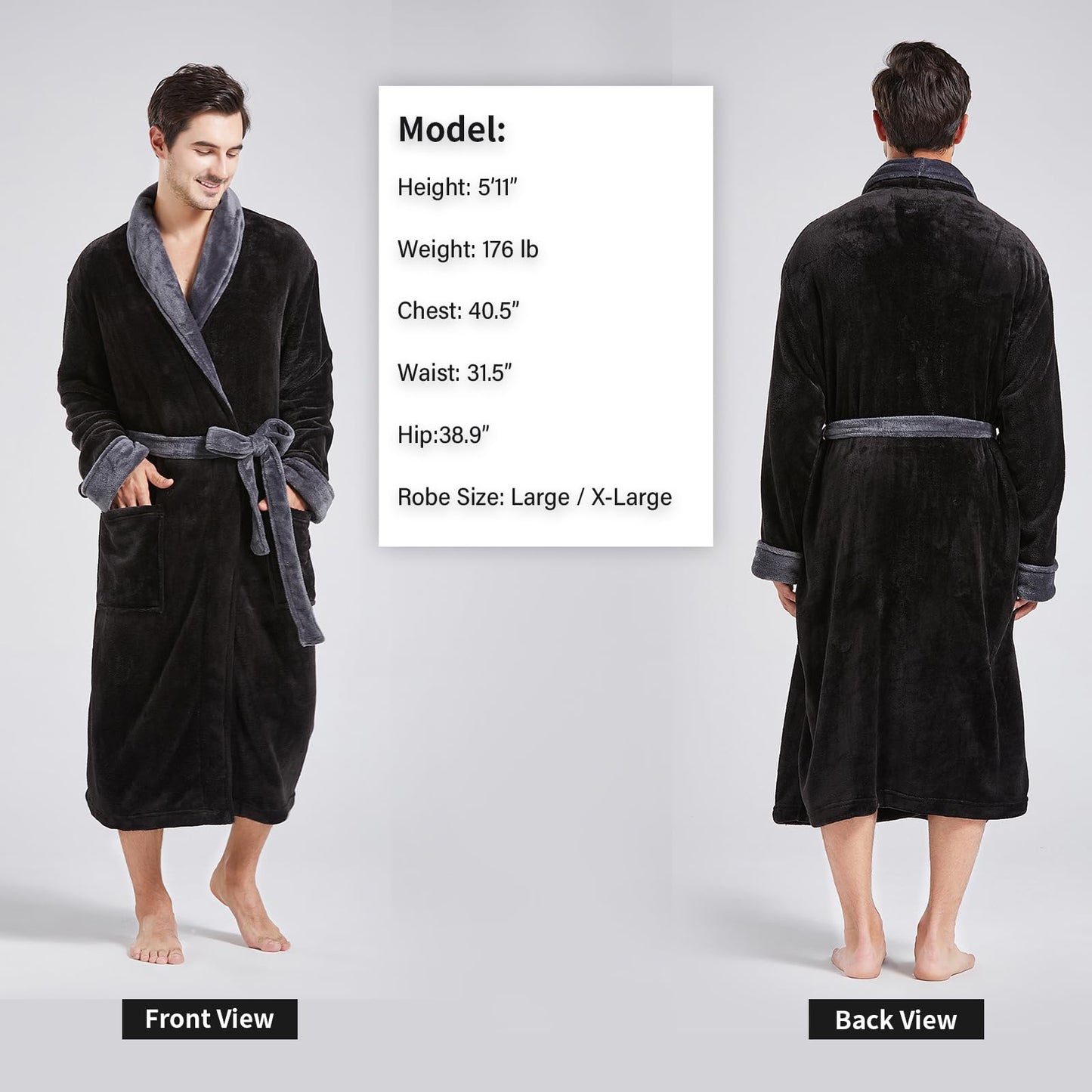 FashGudim Mens Robe Plush Robes for Men Warm Soft Fleece Bathrobe Calf Length Shawl Collar Short House Robes with Pockets, Black & Grey, Small-Medium