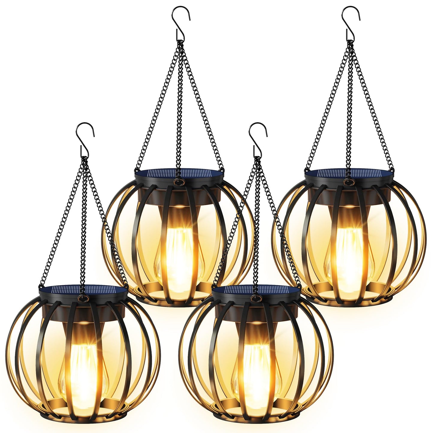 AOUNQ 4 Pack Solar Lanterns Outdoor Waterproof, Brighter Warm White Metal Hanging Solar Lights Outdoor with Hook - Auto On/Off Hanging Solar Lights for Outside for Garden Patio Yard Porch Decor