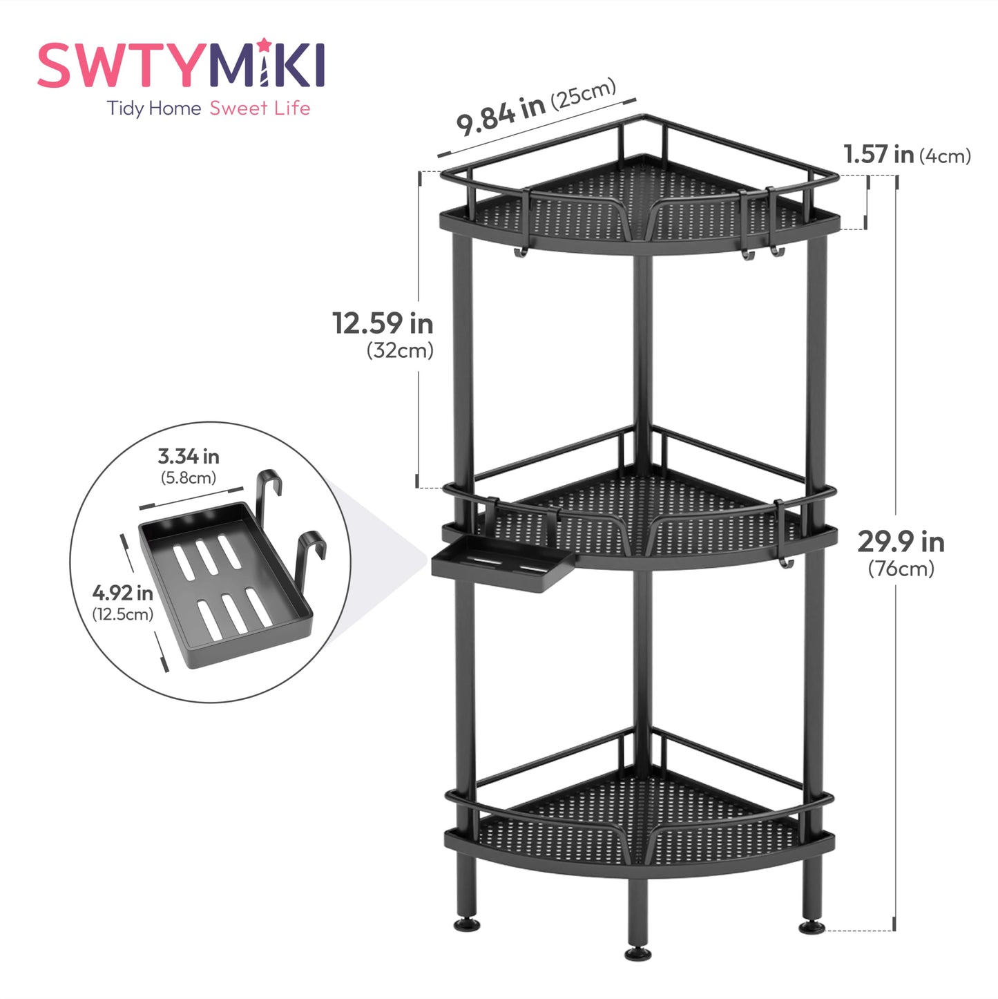 SWTYMIKI Shower Caddy Corner - 3 Tier Rustproof Bathroom Corner Shelf Standing Shower Organizer Rack Corner Shelf with Soap Holder for Inside Bathroom, Bathtub, Showers Pan, Black