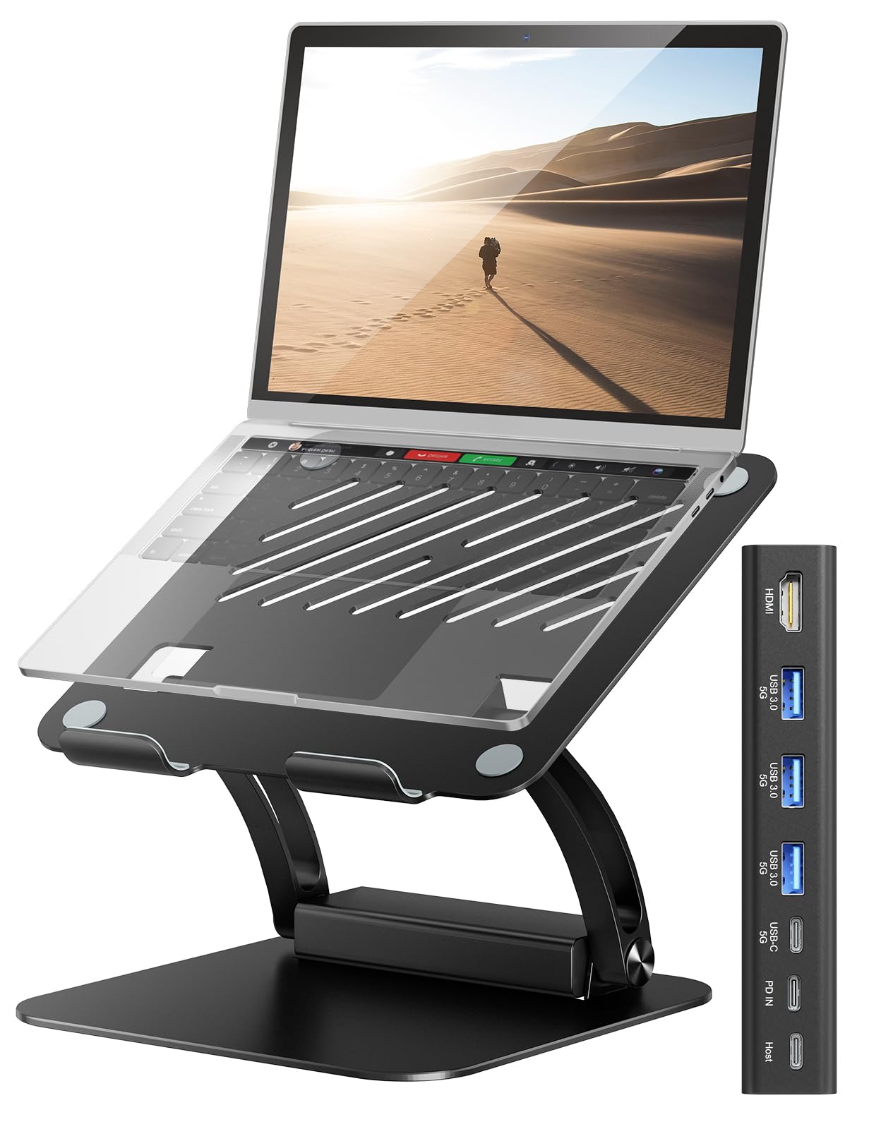 Tounee Laptop Stand with Detachable USB-C Hub, 100W PD Charging, 4K@60Hz HDMI, USB-A & USB-C 3.0 Ports, Host Port, Ergonomic Aluminum Laptop Holder for 10-17" Laptops, MacBook & More (Black)