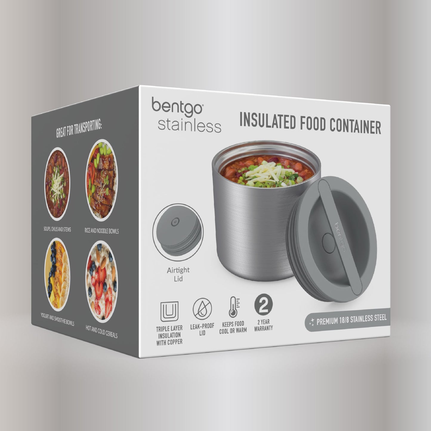 Bentgo Stainless Insulated Food Container - 2.4 Cups (19 oz), Triple-Layer Insulation, Vacuum Seal, Leak-Proof, Built-In Handle, Wide Opening, Premium Stainless Steel, for Cool/Warm Foods (Steel)