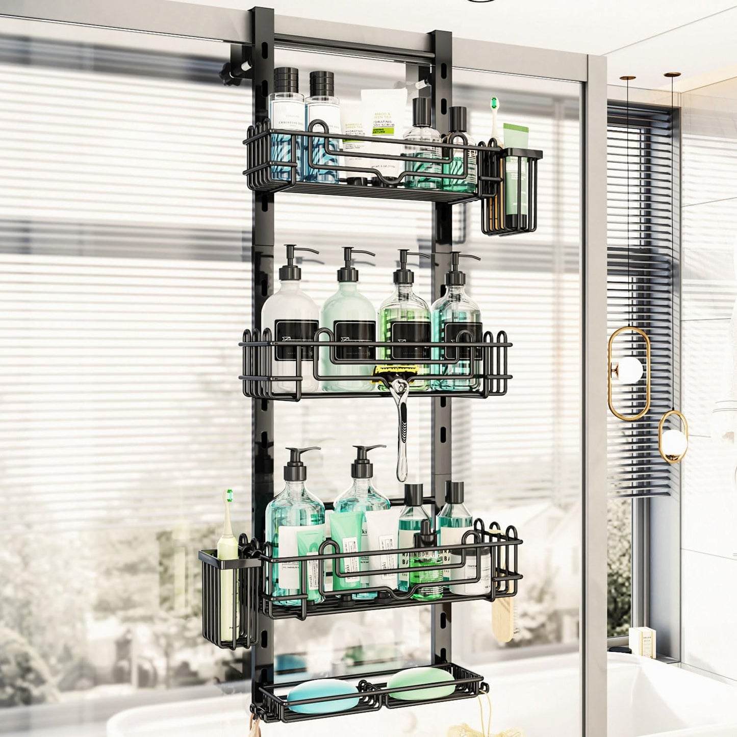 HapiRm Adjustable Shower Caddy Hanging - 4-Tier No Drilling Shower Shelf Over the Door, Bathroom Organizer Hanging with 22 Hooks & 2 Toothbrush Holder, Bathroom Organizer for Shampoo, Conditioner