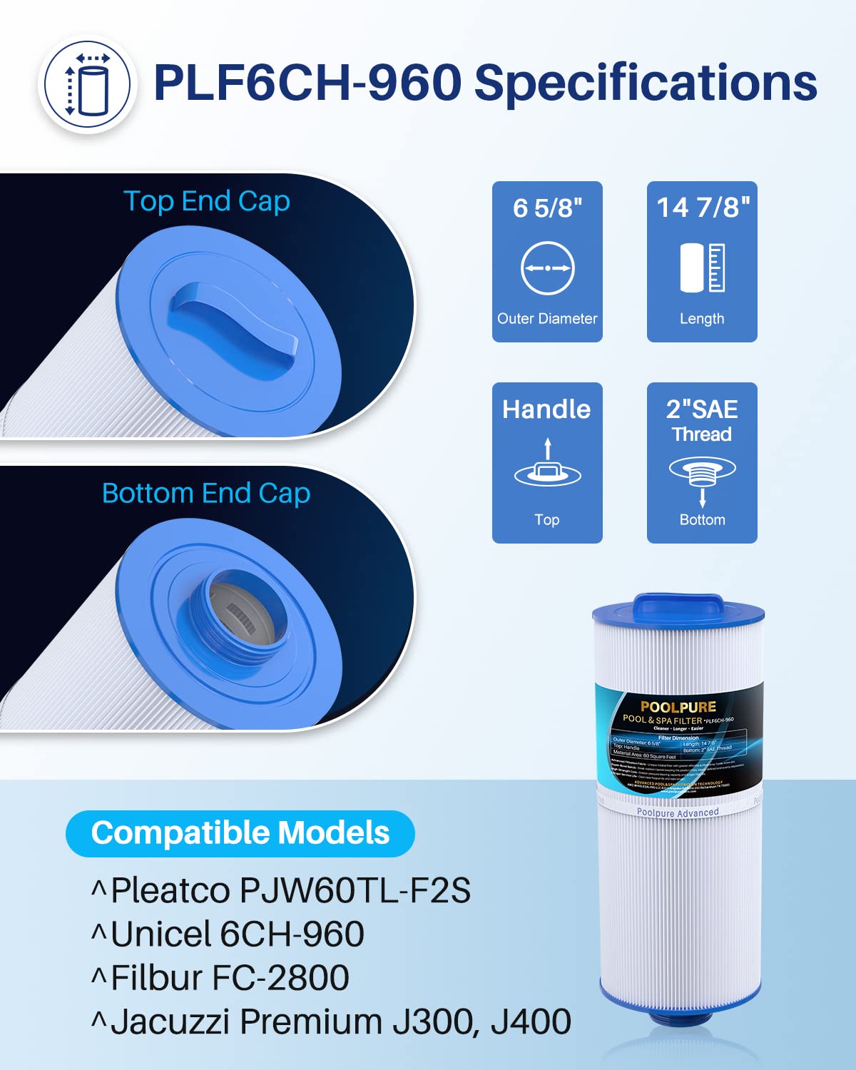 POOLPURE PLF6CH-960 Spa Filter Replaces PJW60TL-F2S, Jacuzzi Filters J-300, J400, Unicel 6CH-960, Filbur FC-2800, 6540-476, 6540-383, Hot Tub Filter with Closed Handle(Not be Removed) 2 Pack (14 7/8")