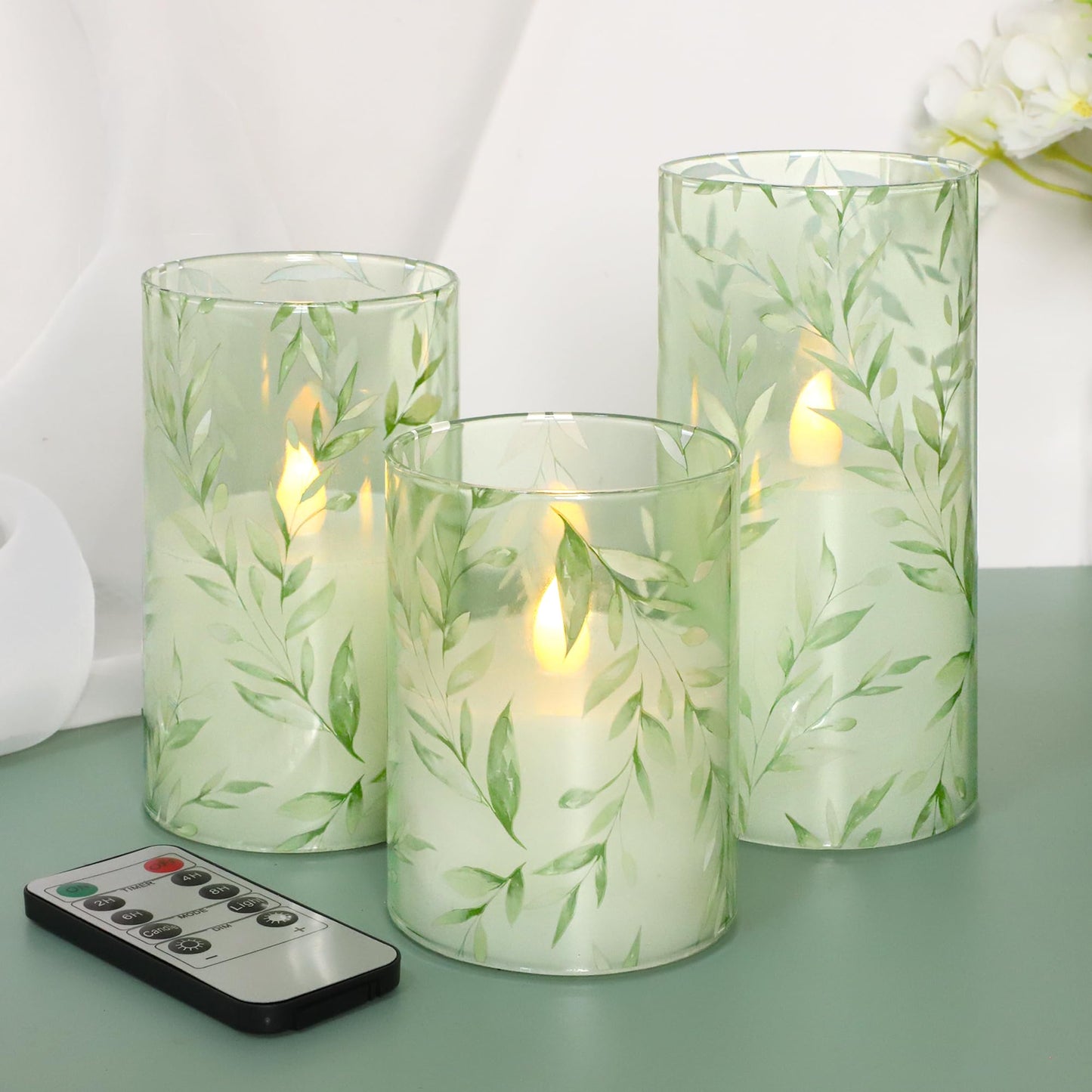 Immeiscent Glass Flameless Candles Green Decor Willow Leaf - Set of 3 Vines and Greenery Design Battery Operated LED Pillar Candles for Elegant Home Botanical Decor and Special Occasions