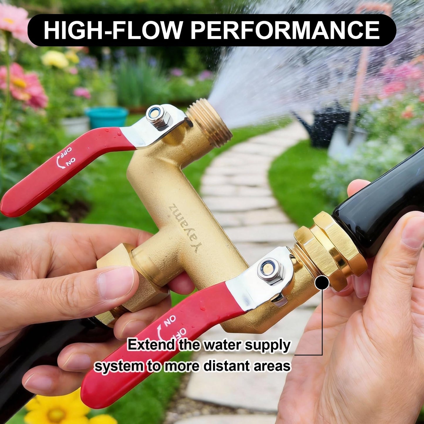 Yayamz 2-Way Garden Hose Splitter, Heavy Duty Brass Rustproof Faucet Manifold, 3/4” Frostproof Outdoor Hose Adapter Connector, Hose Faucet Adapter with 2 Large Red Extension Handles