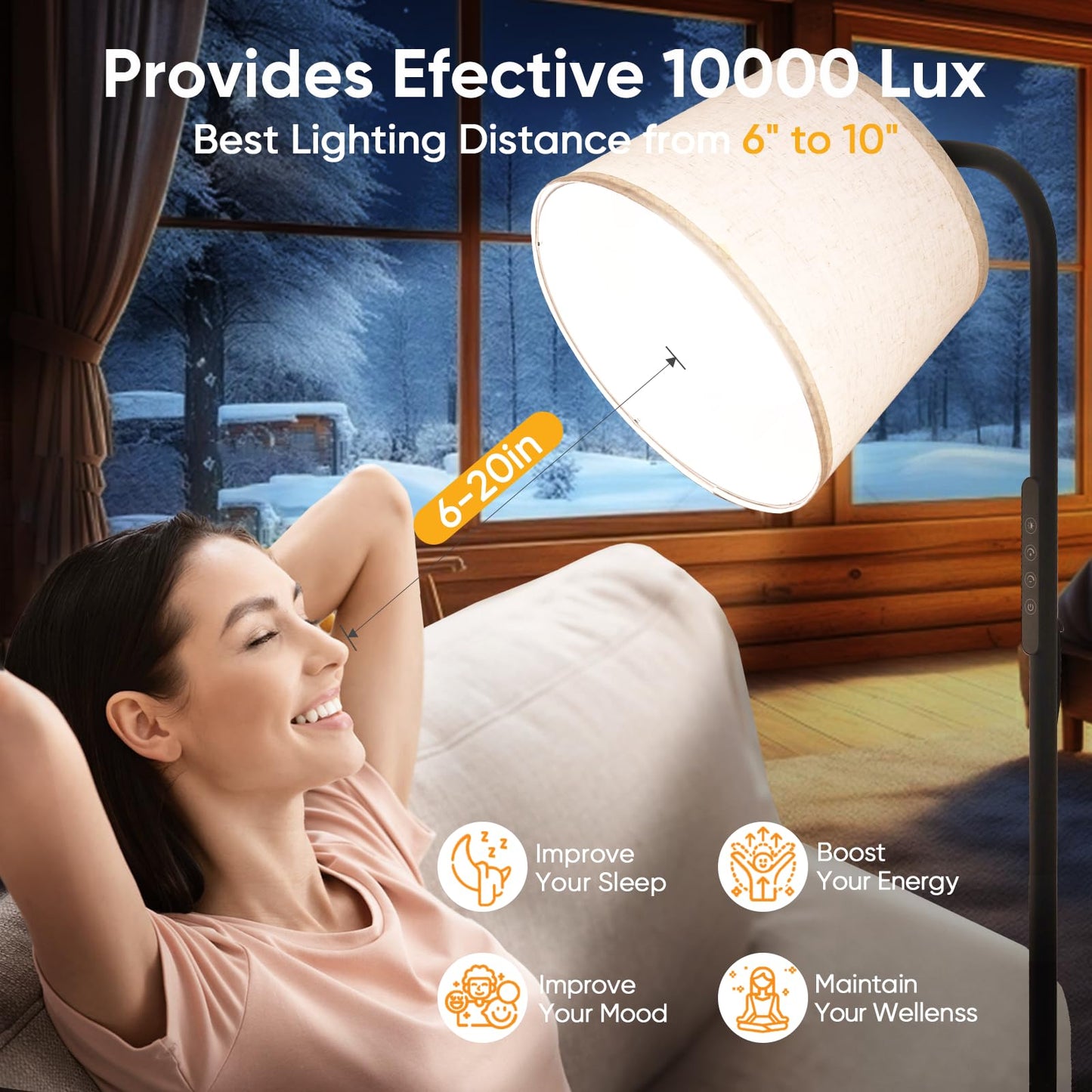 Caromolly Light Therapy Lamp, 10000 Lux Light Therapy Lamp with Remote, Adjustable Color/Brightness/Timer, Modern Light Therapy Floor Lamp with Linen Shade for Office, Living Room, Bedroom, Grey