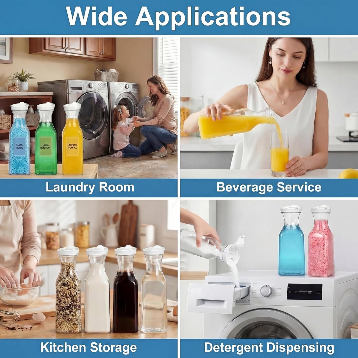 Goaste 8 Pack laundry soap dispenser, 54oz Laundry Detergent Dispenser Bottle with Waterproof Label, Liquid Laundry Detergent Container, Plastic Fabric Softener Organizer for Bleach Powder Beads