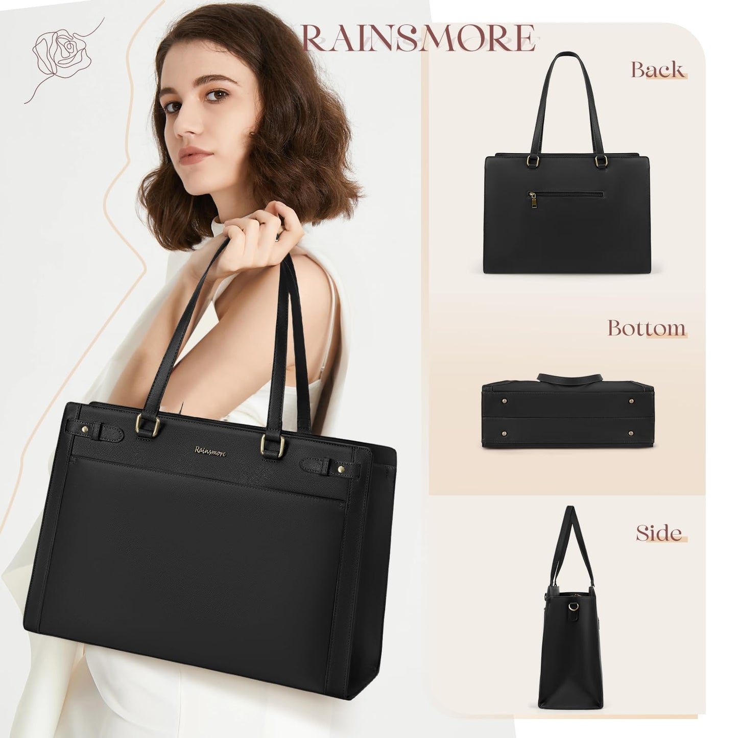 RAINSMORE Laptop Bags for Women 15.6 Inch PU Vegan Leather Work Tote Bag Waterproof Computer Bag Womens Briefcase Designer Satchel Bag for Office Teacher College Large Tote Purse Professional Black