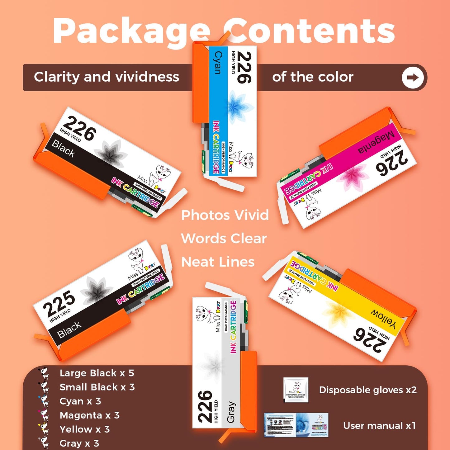 Miss Deer Compatible 226 Ink Cartridges Replacement for Canon PGI-225 CLI-226 PGI225 CLI226 for PIXMA Mg6220 MG6120 MG8120 MG8120B MG8220 MG5320 MX892 Printer 20 Combo Pack (3 Sets + 2 PGI-Black)