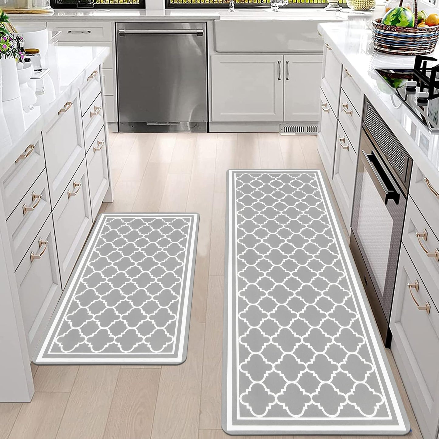 Pauwer Anti Fatigue Kitchen Rug Sets 2 Piece Non Slip Kitchen Floor Mats Waterproof Kitchen Runner Rug Gray Farmhouse Kitchen Rugs and Mats Cushioned Comfort Standing Mat PVC Foam Kitchen Mats