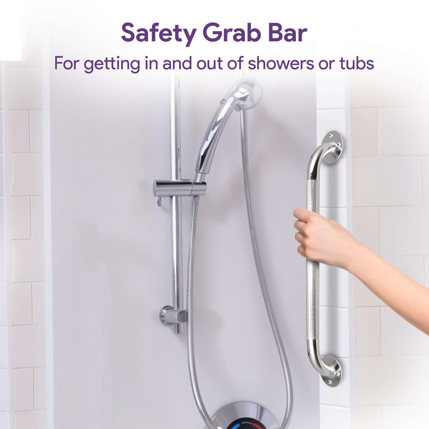 24 Inch Grab Bars for Bathtubs and Showers - Chrome Knurled Bathroom Safety Rail Handle - Non Slip Textured Grip Handicap Grab Bar for Seniors, 250 lbs Weight Support Capacity