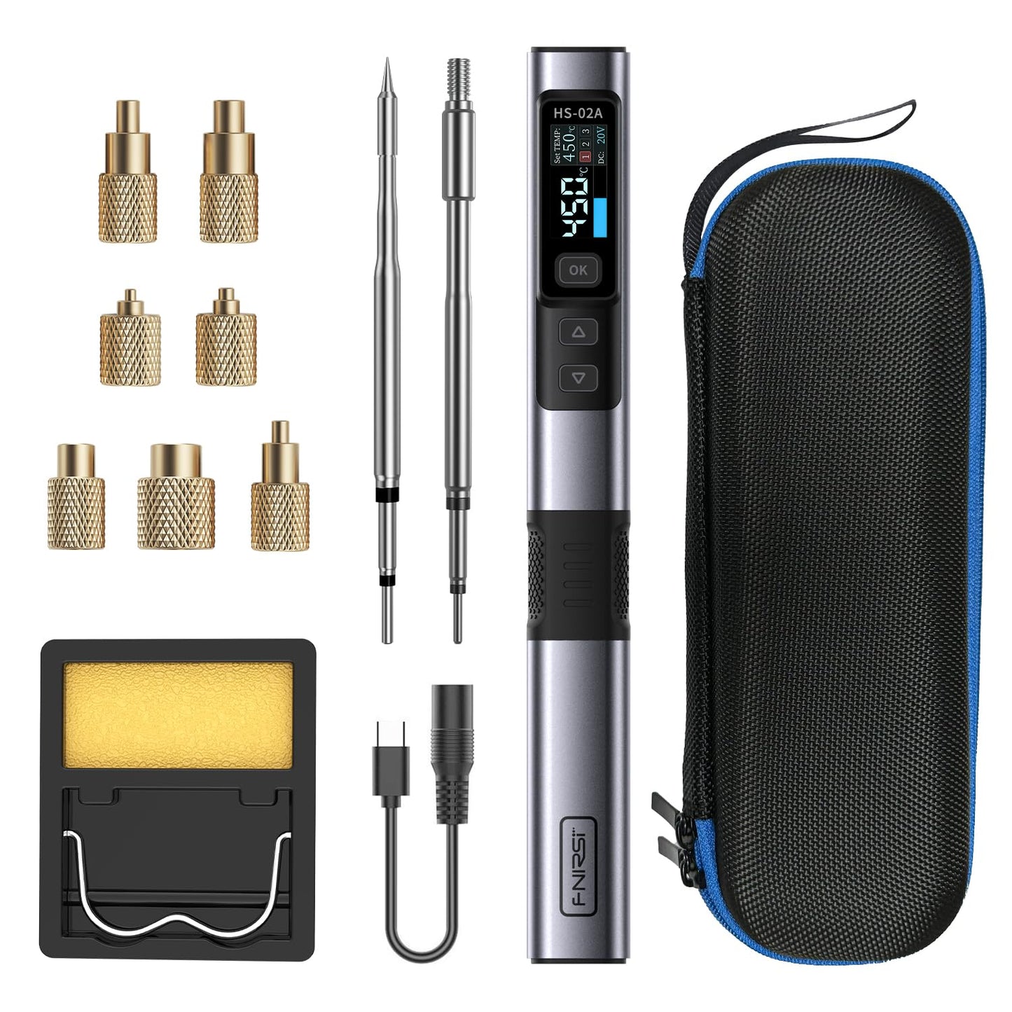 FNIRSI HS02 100W Heat Set Insert Tool & Corded Soldering Iron Kit for 3D Printer, Plastic, Portable Electronics Repair, 3 Preset Temps, 3S Fast Heating, with M2-M8 Threaded Brass Insert Nuts & Tips