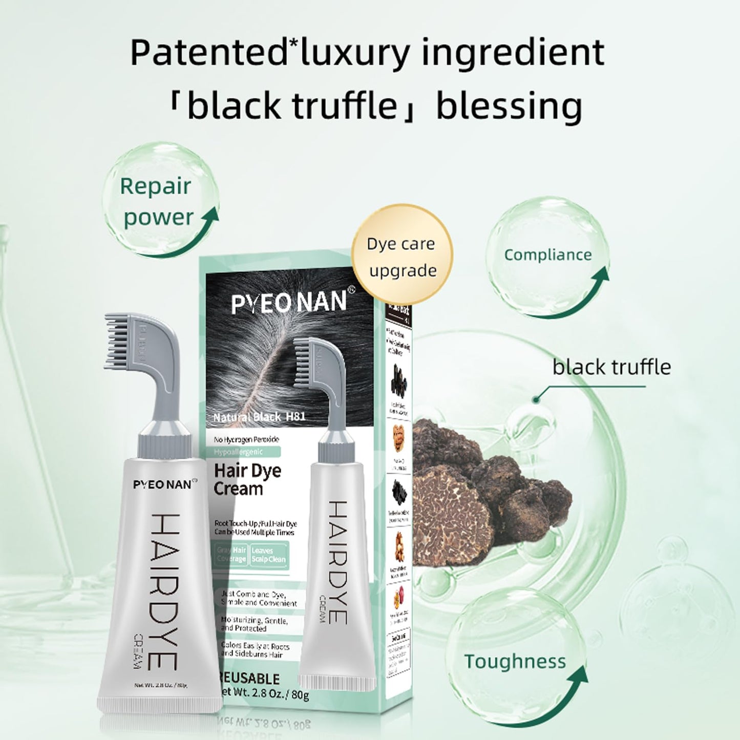 PYEONAN Hypoallergenic Hair Dye Cream,Natural Plant Extract Without Bleaching, Easy Comb to Cover Gray Coverage Ammonia Free All Hair Types 2.8Oz. /80g (Natural Black, Pack of 1)