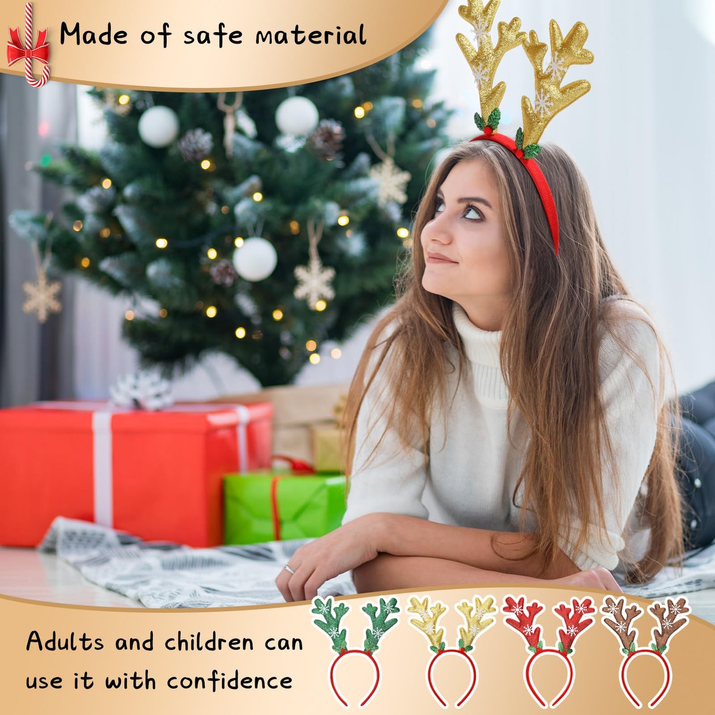 Zubebe Christmas Deer Antlers Headband Glitter Snowflake Reindeer Bulk Antlers Headpiece Headdress for Costume Party (48 Pcs)