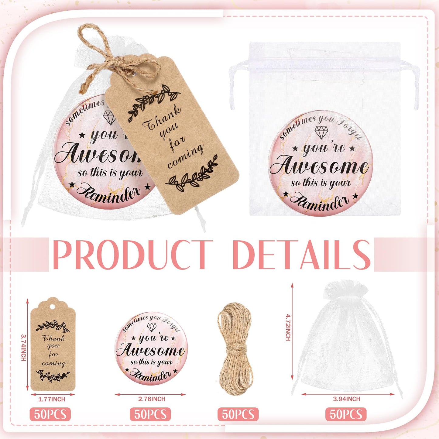 Tradder 100 Sets 2.76 Inch Inspirational Compact Mirrors Bulk Small Purse Pocket Makeup Pink Mirrors Quinceanera Party Gifts Employee Appreciation Gifts Set for Women Coworker (Awesome)