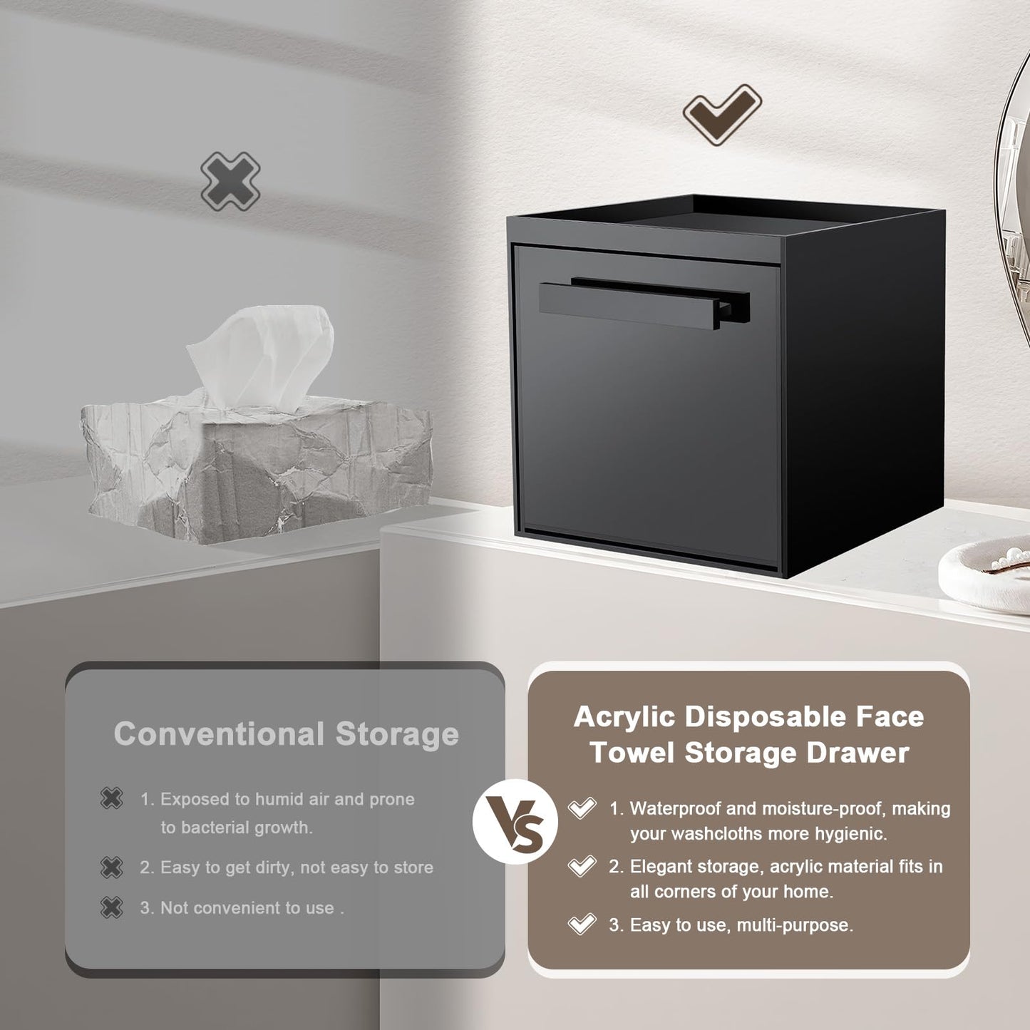 TAINESS Disposable Face Towel Storage Box Compatible with Clean Skin Club Clean Towel XL Acrylic Cosmetic Organizer Container Box Facial Towels Holder with Drawer Wall-Mounted (Black)