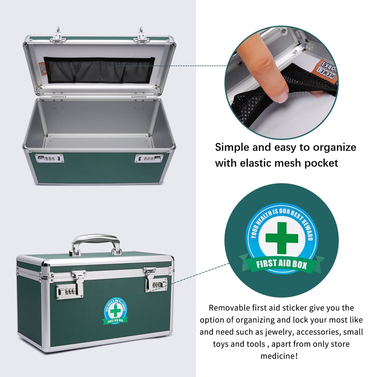Large capacity Locking Box, Lockable Medication Box with Portable Storage Case, 38x 22x 24cm, Childproof Medicine Lock Organizer, Locked Empty First Aid Storage Case (GREEN)