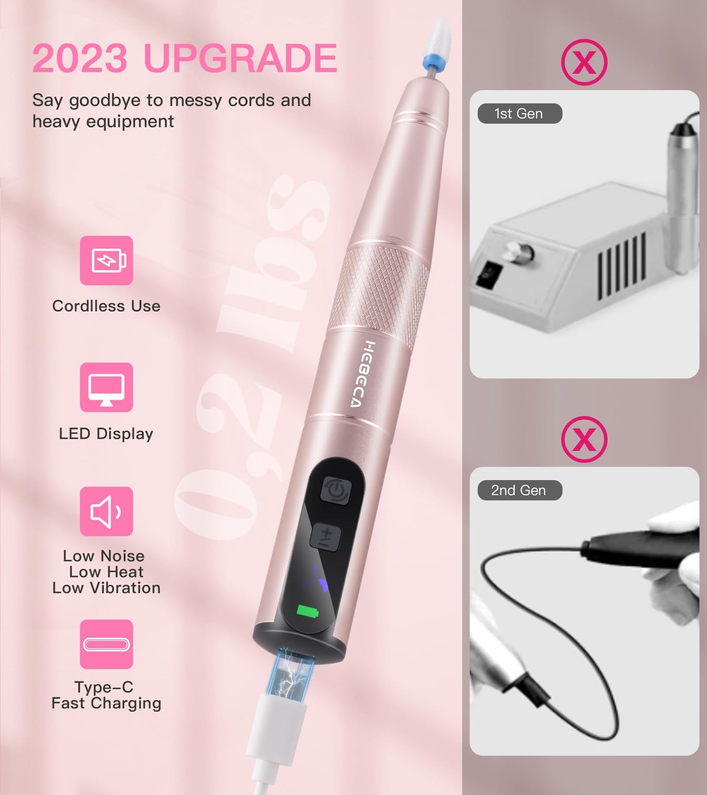 HEBECA Cordless Nail Drill Set - Professional Electric Nail File with 12 Drill Bits 26 Sanding Bands for Natural or Acrylic Gel Nails -Rechargeable Nail Drill Machine Home Use