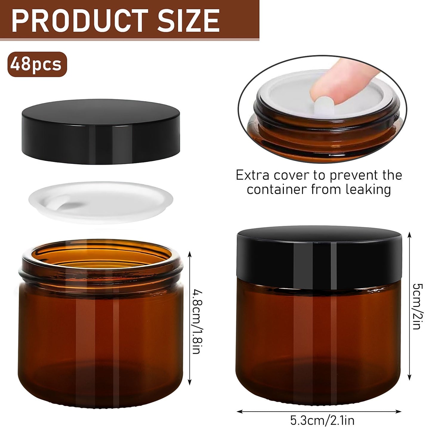 2 oz Amber Glass Jar with Lid, 48 Pcs 60 ml Round Cosmetic Containers with Inner Liners and Black Lids,Refillable Travel Jars for Storing Lip and Body Scrub, Lotion, Bath Salts, Liquid