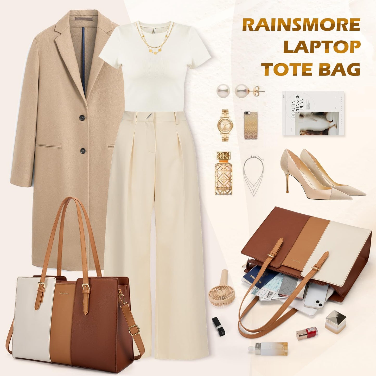 RAINSMORE Laptop Bags for Women 15.6 Inch PU Leather Work Tote Bags Waterfroof Handbags Women Briefcase for Office Travel