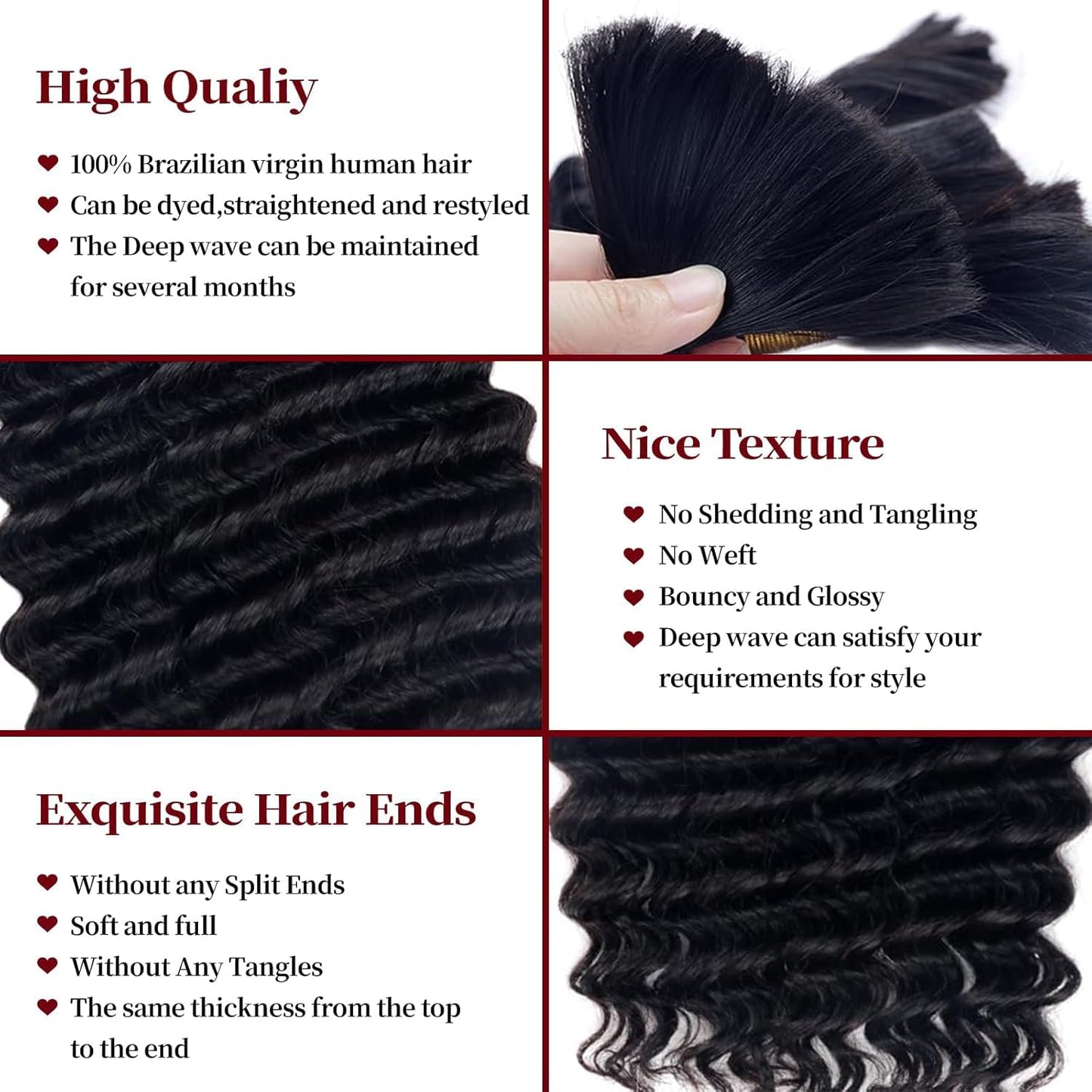 Datanala Human Braiding Hair 22Inch Deep Wave Human Hair Bulk for Braiding 2 bundles/100g 100% Unprocessed Virgin Wet and Wavy Human Hair Extensions for Boho Braids(1B#, 22inch-100g)