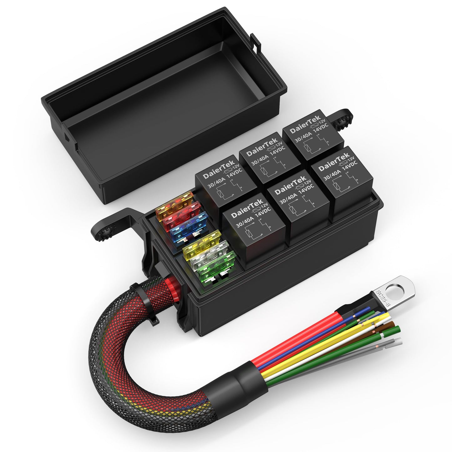 DaierTek 12V Relay Box 6 Way12 AWG Pre-Wired Waterproof Relay Box 6 Slot ATC/ATO Fuse Relays Block Universal Relays Panel for Automotive Car Marine Boat
