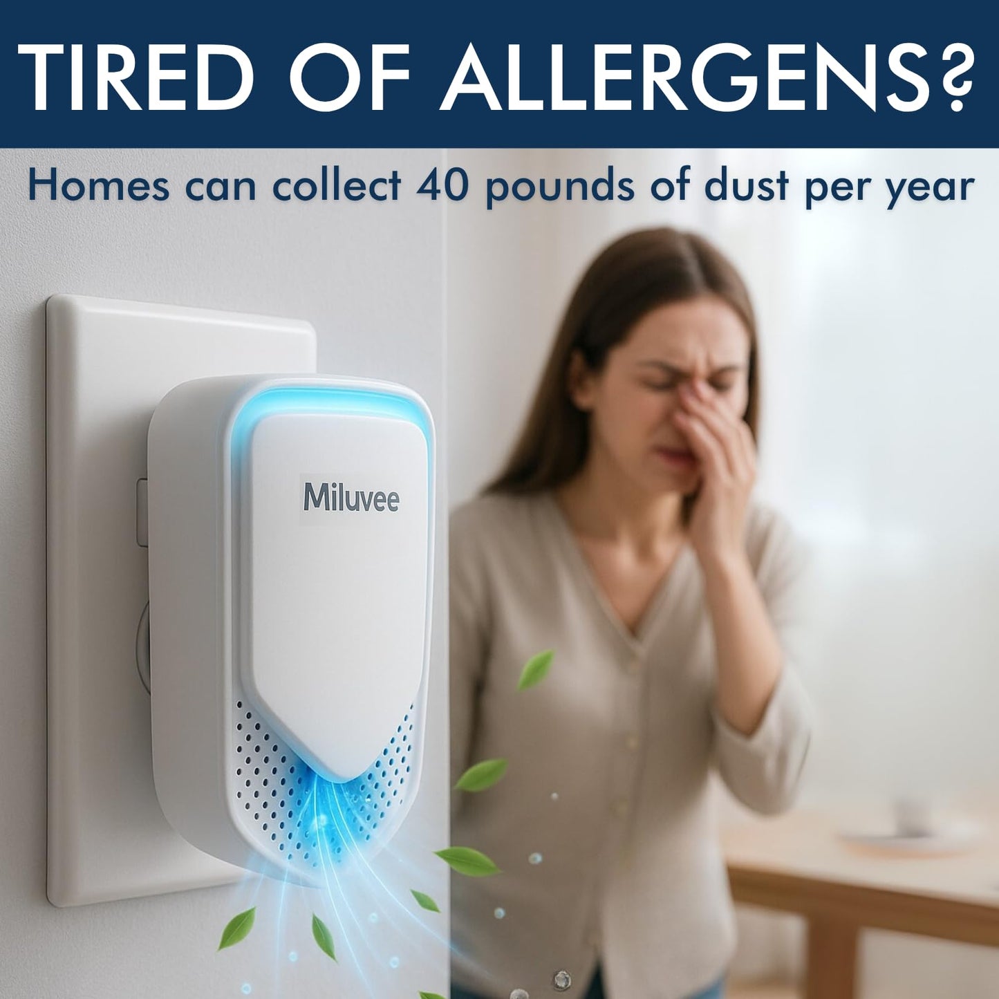 Miluvee Premium Plug In Air Ionizer (2 Pack), Negative Ion Air Purifier for Bedroom, Kitchen & Office | Air Cleaner for Smoke, Dust, Pollen, Pet Dander & Allergen, Mini Odor Eliminator & Air Freshener